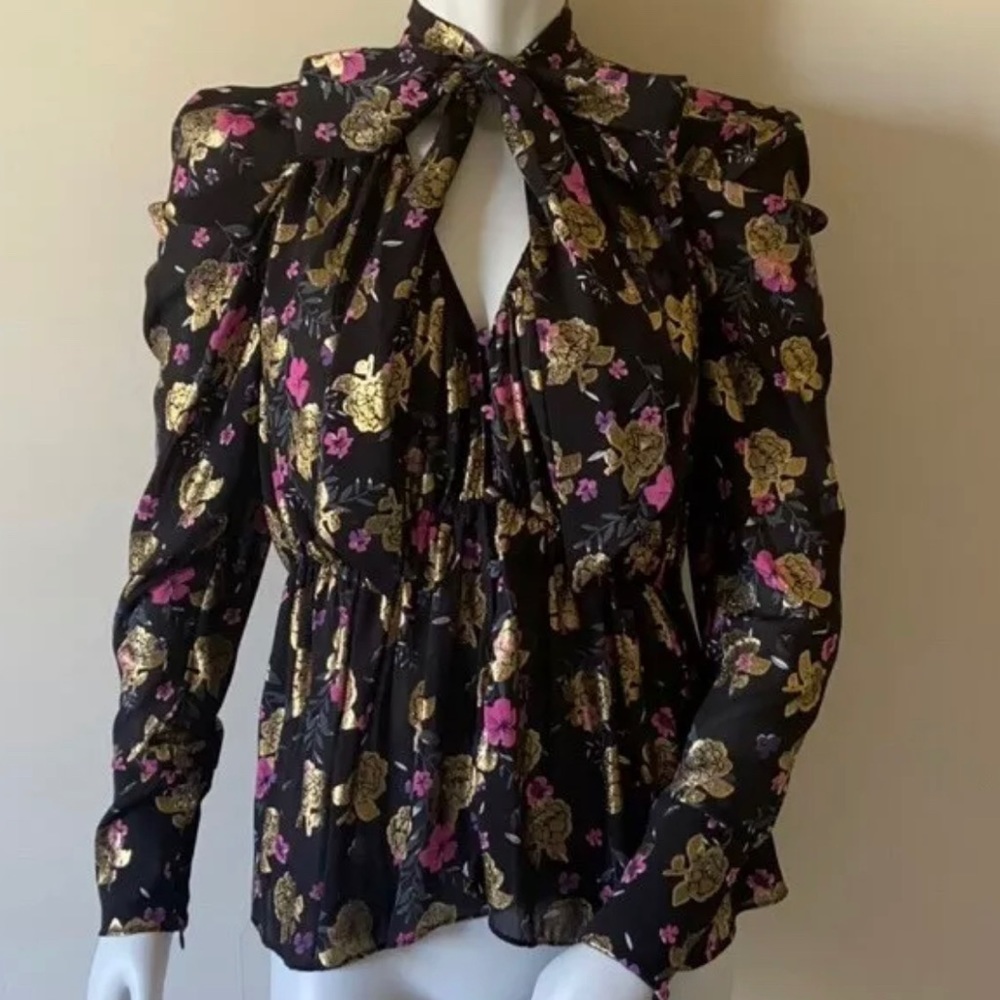 Zara Black And Gold Floral Tie Neck Blouse